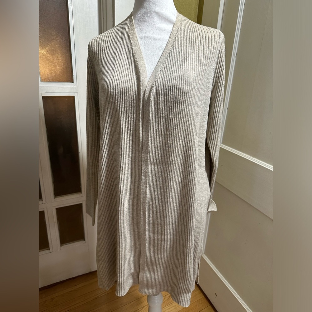 Eileen Fisher Long Wool Cream Ribbed Cardigan